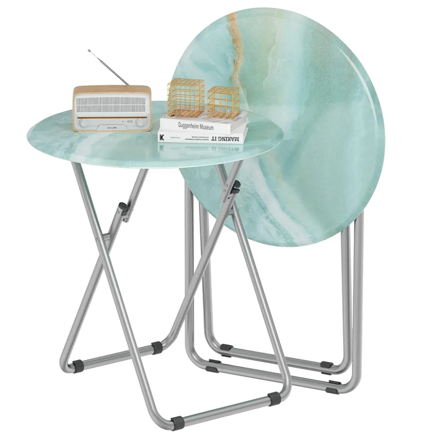 TV Tray Round Table, Small Foldable Table, Portable Dinner Table for Eating, Snack Side Trays Table Set of 2, No Assembly Required (Ocean Blue Marble, 2Pcs)