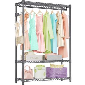 IZEUK 3 Tier Heavy Duty Garment Rack Wire Clothes Rack for Hanging Clothes, Metal Freestanding Closet Wardrobe Rack with 1 Rod and Side Hooks Dark Grey 15.7" D x 45.3" W x 72.4" H