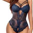 Avidlove Women Lingerie Floral Lace Harness Lingerie Bodysuit One Piece Teddy Babydoll Nightgown (Small, Navy Blue)