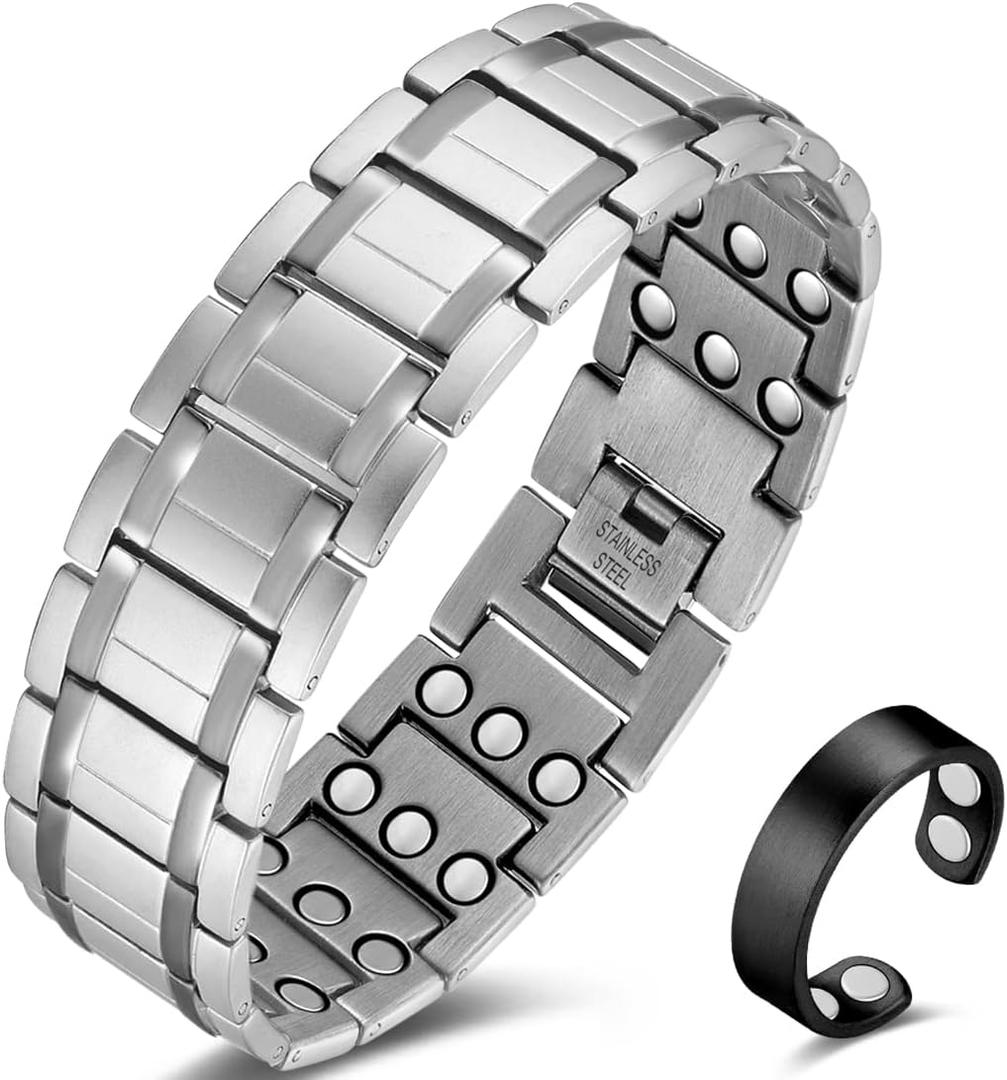 3X Magnetic Bracelets for Men Ultra Strength Titanium Steel Bracelet Wrist Adjustable with Sizing Tools (Silver with Ring)