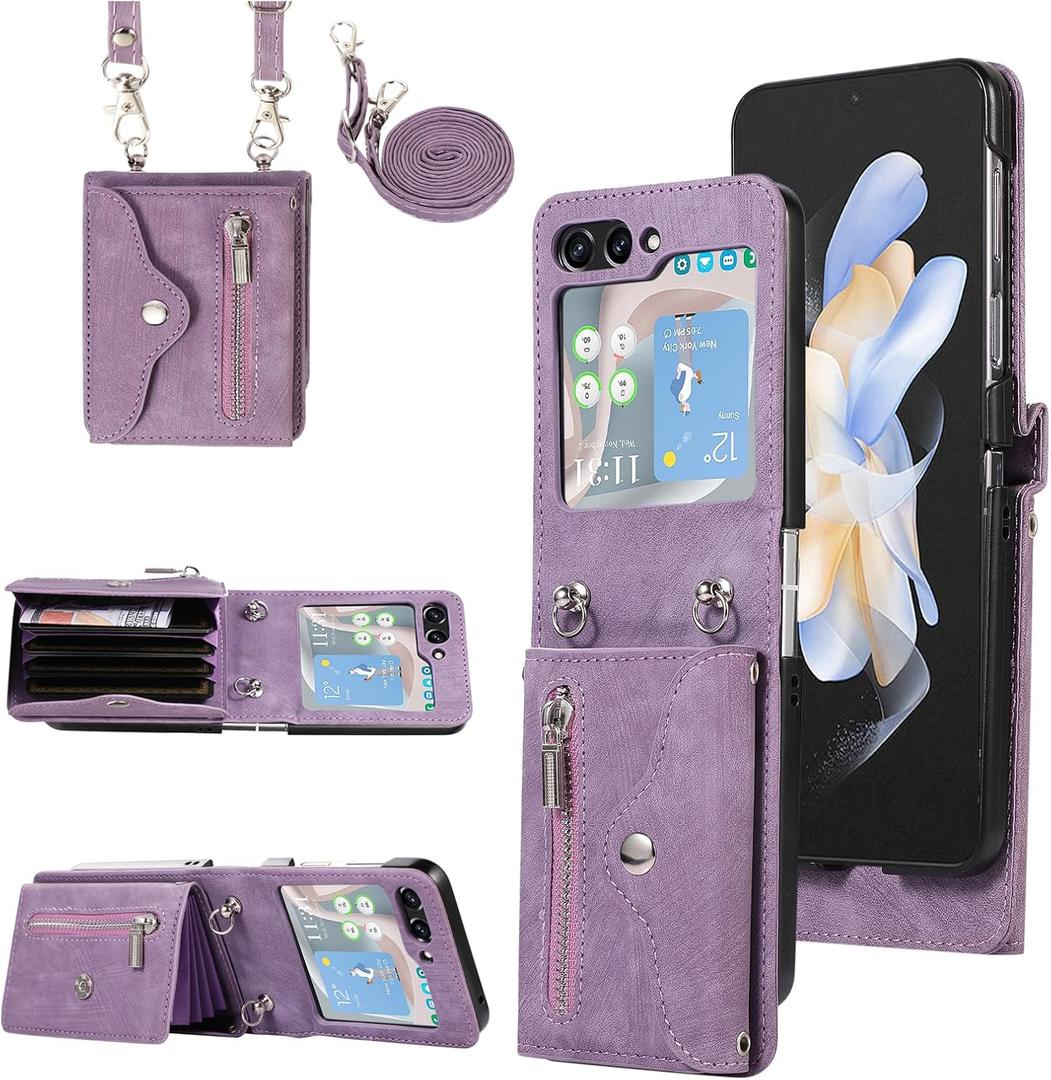 Phone Case for Samsung Galaxy Z Flip 7 5G 2025 Wallet Cover with Shoulder Crossbody Strap Lanyard Credit Slot Card Holder Stand Mobile Cell Accessories ZFlip7 Z7 G Flip7 7Z Women Men Girls Purple
