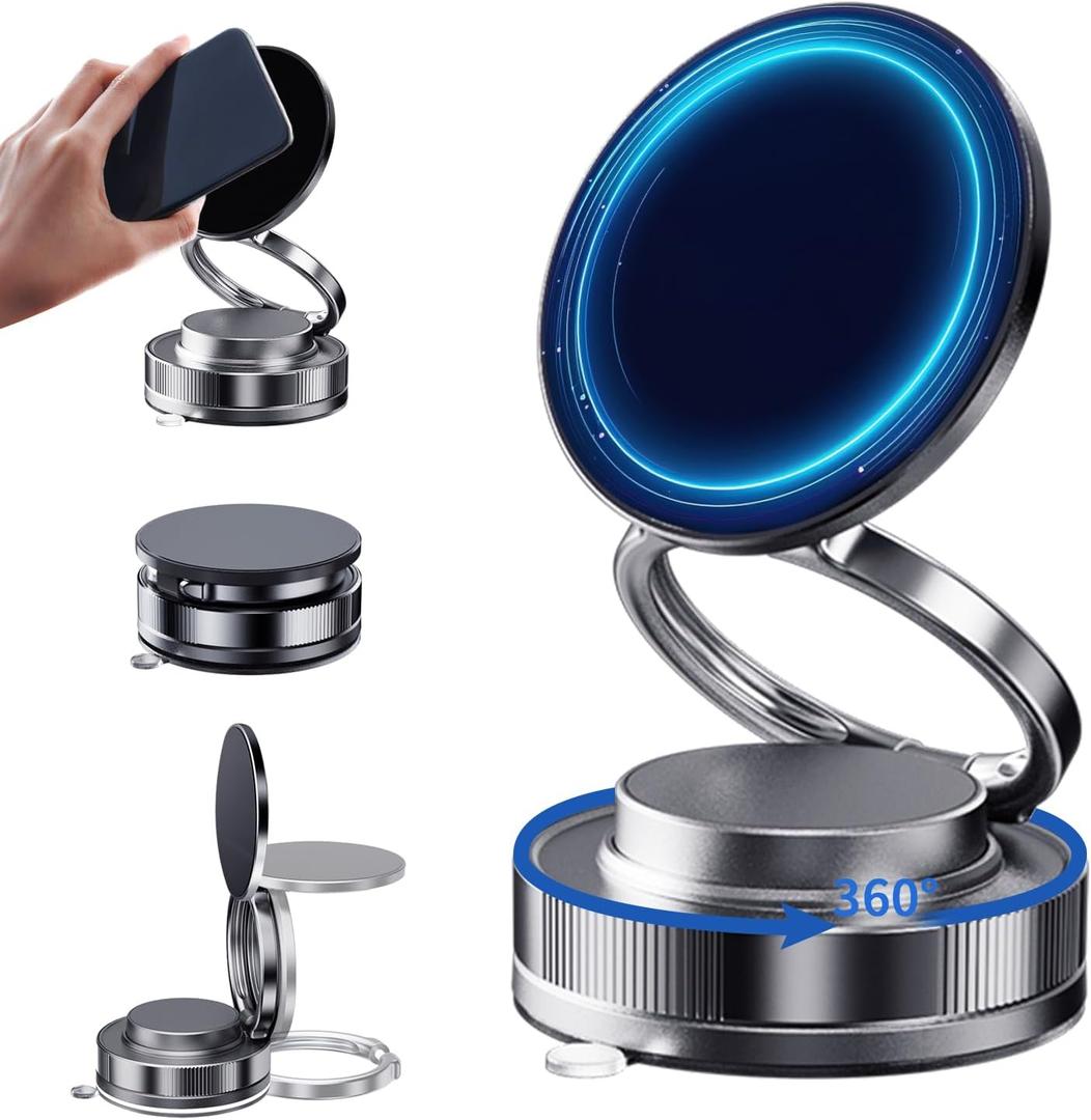 Vacuum Magnetic Phone Holder One-Handed Operation Foldable Adjustable Magnetic Phone Holder 360Rotation for Car/Bathroom/Gym/Kitchen Multi-Scene Application (Black)