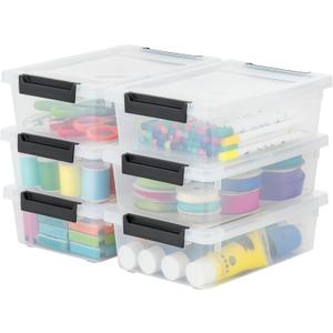 IRIS USA Storage Bins with Lids |Made in USA| 2 Qt - (6-Pack) - Clear/Black | Sensory Craft Organizers, Plastic Clip Box Totes, Flat Containers for Organizing Paper, Office, Art & Study Supplies