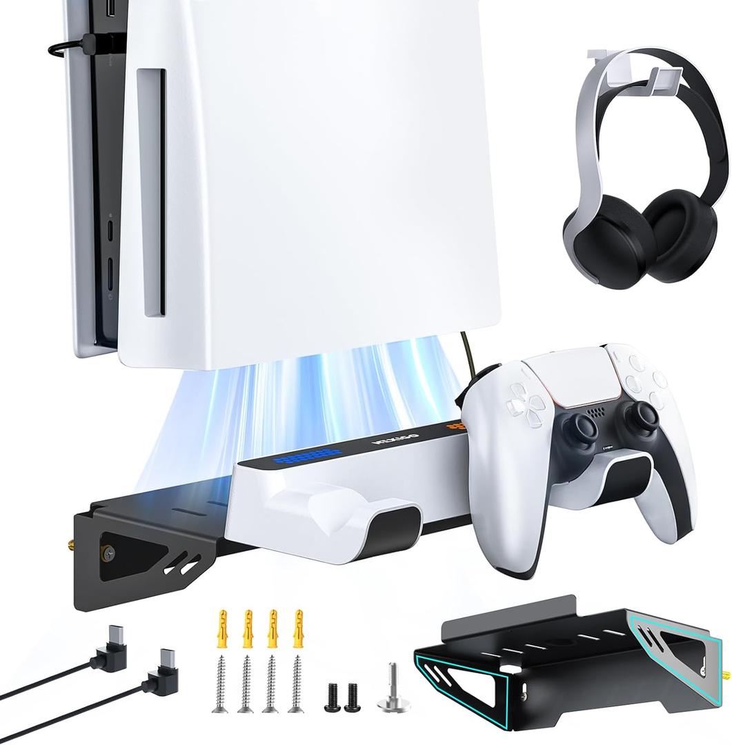 NexiGo Wall Mount Kit with Charging Station for PS5 and PS5 Slim/Pro Versions, Dual Controller Chargers, Steel Wall Stand, and Headphone Hanger - Compatible with PlayStation 5 (Disc & Digital)
