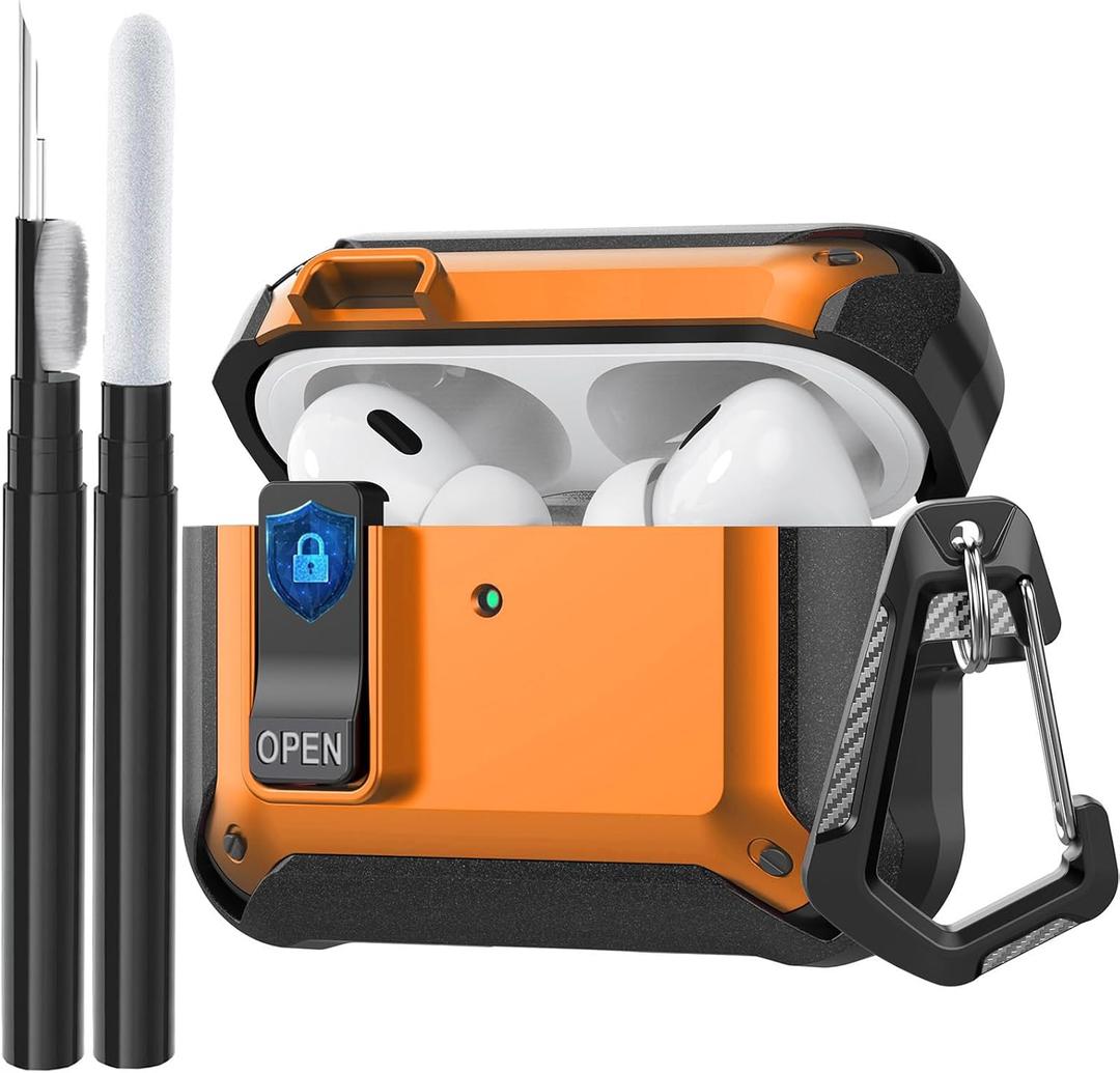 Compatible with AirPods Pro 3 Case Lock 2025, Shockproof AirPods iPod Pro 3rd Generation Protective Case Cover for Men Women with Cleaning Kit&Carabiner Orange