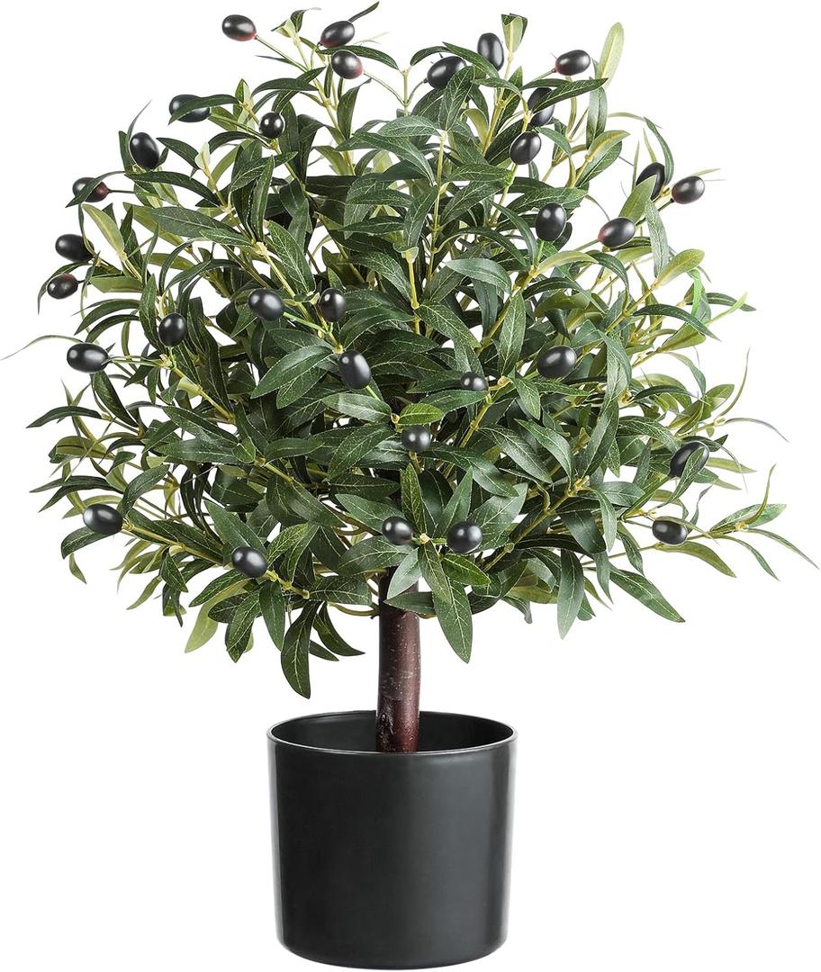 25" Tall Artificial Olive Topiary Ball Tree with Leaves and Fruits, Olive Boxwood Topiary Ball Potted Bushes UV Resistant Potted Plants for Indoor Outdoor Home Garden (Green-1pcs)