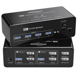 DEMEXBOOK Dual Monitor DisplayPort KVM Switch 2 Monitors 2 Computers 8K@60Hz 4K@144Hz,KVM Switch 2 Computers Share 2 Monitors, 4 USB 3.0 Ports, Supports Extended/Copy Mode with Remote & USB Cables