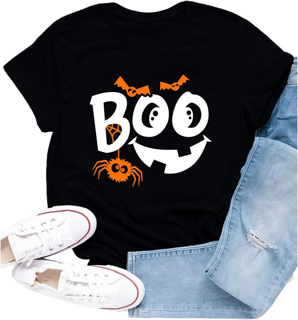 Women Halloween Shirts Spooky Boo Pumpkin Face T-Shirt Trick or Treat Party Short Sleeve (Black, XL)