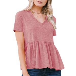 EXLURA Women's Summer Crop Babydoll Peplum Tops Cute V Neck Short Sleeve Business Casual Trendy T Shirts Beach Vacation 2026 Pink (Pink, M)