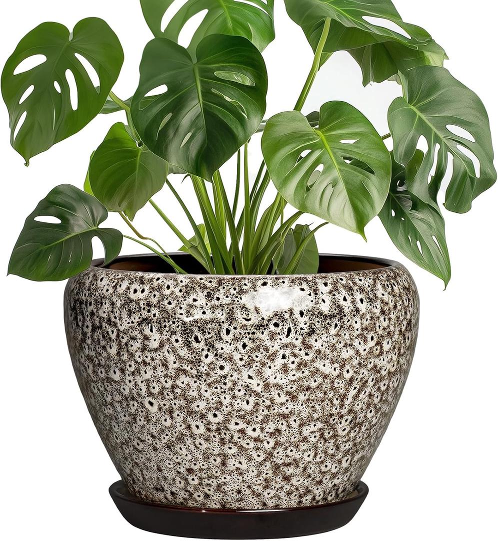 Ceramic Plant Pots, 8 Inch Planters Indoor, White Leopard | Decorative Pots for Plants with Drainage Hole and Saucer, Modern Flower Pot for Indoor Plants, Room Decor, Plant Lover Gifts
