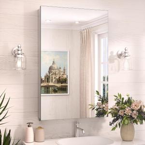 TokeShimi 20x32 Bathroom Cabinet Mirror Tempered, Aluminum Silver Recessed Medicine Cabinet with Mirror Frameless Stepless Adjustable Shelf, Surface Mount Medicine Cabinet for Bathroom