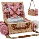 Picnic Basket with Blanket and Wine Pouch for 2, Wicker Picnic Set with Insulated Liner Cooler Bag Hamper for Camping,Wedding - Red Gingham