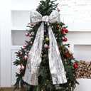 Christmas Disco Ribbon Bow 40 x 20 Inch Large Silver Bow Decor Mirror Ribbon Sequin Premade Xmas Glittery Ornaments for Xmas Tree Topper Wreath Background Wall Holiday Themed Party