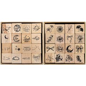 Hacaroa 32 Pieces Wooden Rubber Stamp Set, Moon Star Botanical Decorative Wood Stamps for Journal, Diary, Scrapbook, Planner, Letter, DIY Craft, Card Making