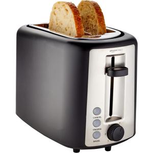 Amazon Basics 2 Slice Toaster, With 6 Browning Settings, Extra Wide Slots For Bagels and Special Breads, Removable Easy-to-Clean Crumb Tray, Cancel/ Defrost/ Bagel Buttons, 900W, Black & Silver