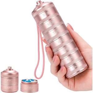 Travel Pill Organizer 7 Day - Waterproof Metal Weekly Pill Box Daily Pill Case with 7 Compartments, Pill Container for Vitamin Medicine Supplements Fish Oil, Pink Daily Pill Organizer