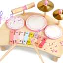 Kids Drum Set Montessori Musical Instruments for Toddlers 1-3, Wooden Baby Drum Kit with Xylophone, Preschool Music Toys for Early Learning, Educational Birthday Gift for Boys Girls (Pink)