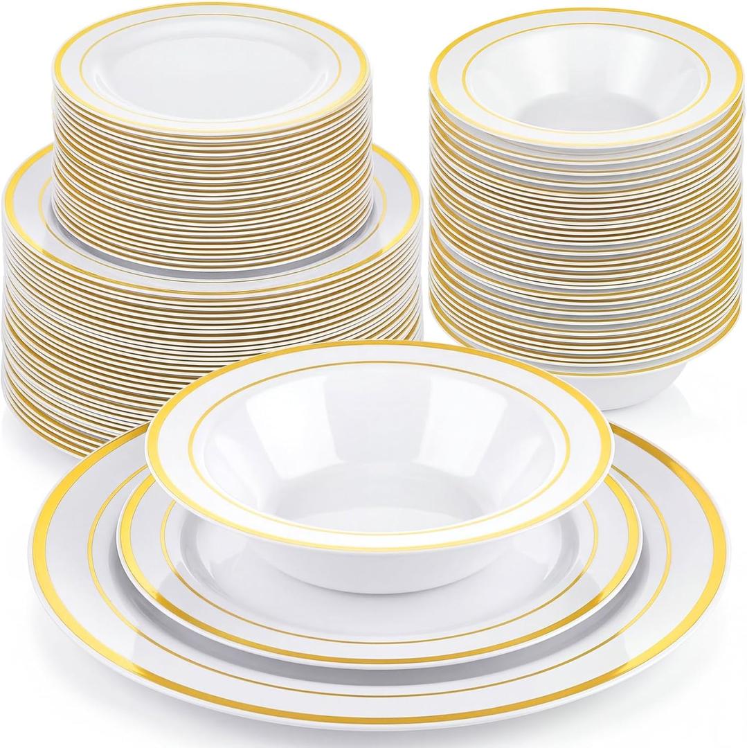 Havawish 150 Pcs Gold Disposable Plastic Plates and Bowls Sets for 50 Guests, Dinnerware Set with Gold Rim 50 Plates 50 Dessert Plate 50 Bowls for Wedding Anniversary Birthday Party