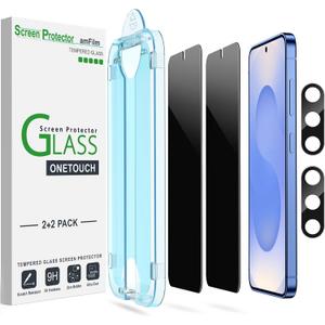 amFilm Auto-Alignment OneTouch for Samsung Galaxy S25 6.2'' Privacy Screen Protector + Camera Lens Protector, Tempered Glass, 30 seconds Installation, Bubble Free, Privacy Protection 2+2 Pack