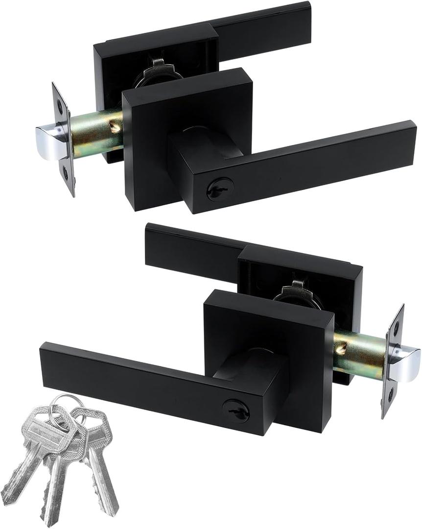 JO.KO Entry Door Lock Set, Square Door Lever for Bedroom, Passage Door Privacy Locking Interior/Exterior Entry Door Knob/Heavy Duty (2 Pack, Matte Black)