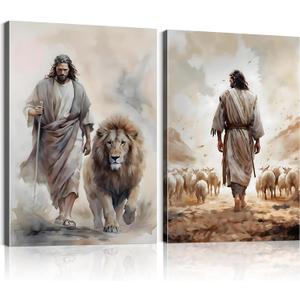 Framed 2Pcs Jesus Canvas wall Art Boho Christian Wall Art Jesus and Lamb Prints Wall Decor Lamb of God Pictures Posters Lion of judah Paintings for Livingroom Bedroom Church Decorations(16“*24”*2Framed)