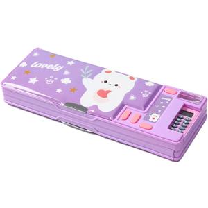 Multifunction Pencil Case with Calculator, Pencil Sharpener and Curriculum, Multiple Cute Patterns, Suitable for Elementary School Girls, Boys, Great Gifts for Kids (Purple)