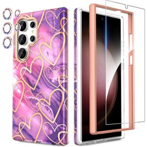SHEDEER Designed for Samsung Galaxy S24 Ultra Case, with Shiny Camera Cover & Screen Protector, Fade-Proof Chic Pattern, Shockproof Protective, Slim Thin Phone Case for S24 Ultra, Rose Heart (3.Rose Heart)