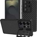 Luxury Carbon Fiber Aluminum Case for Samsung Galaxy S25 Ultra, Heavy Duty Rugged Military Protective Phone Cover with Camera Lens Protector Stand, Black