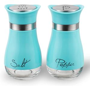 Lonffery Salt and Pepper Shakers, Stainless Steel and Glass Bottle, Set of 2, Turquoise
