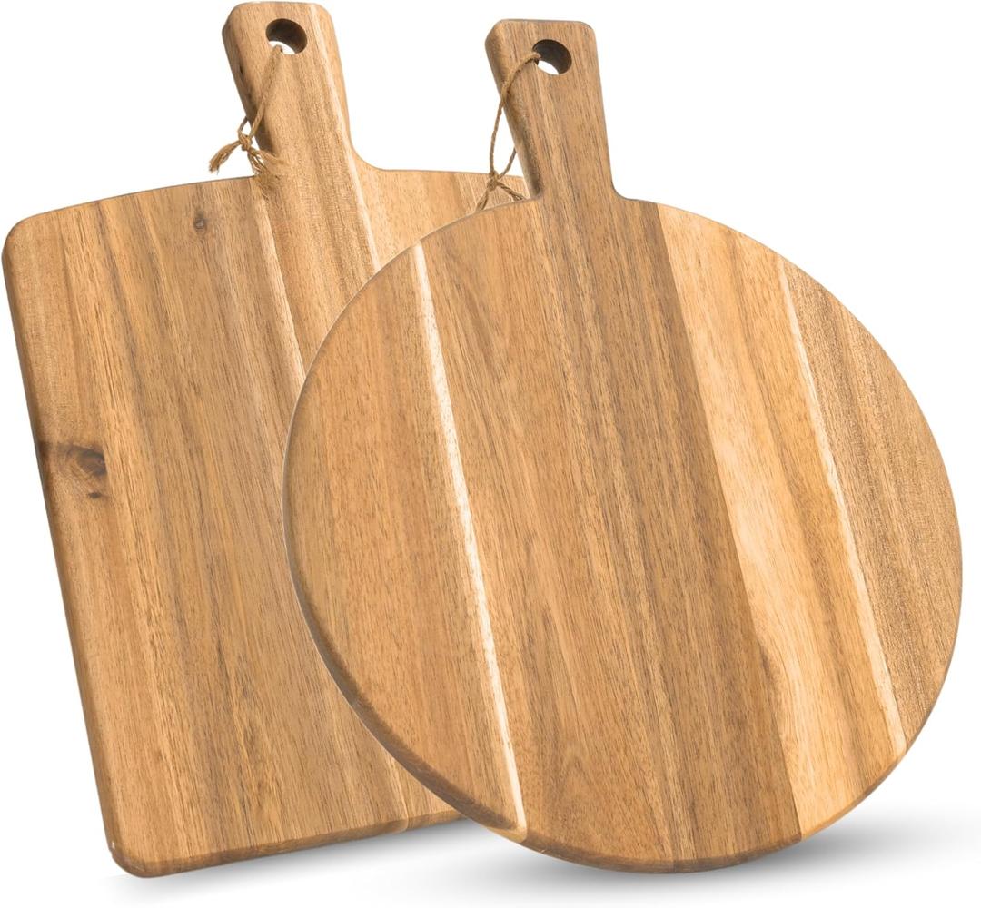 Acacia Wood Cutting Board 2 Pack with Handle, Wooden Charcuterie Board Large Paddle Carving Chopping Board Set, Serving Tray for Cheese Meat Fruit Pizza Bread Baking