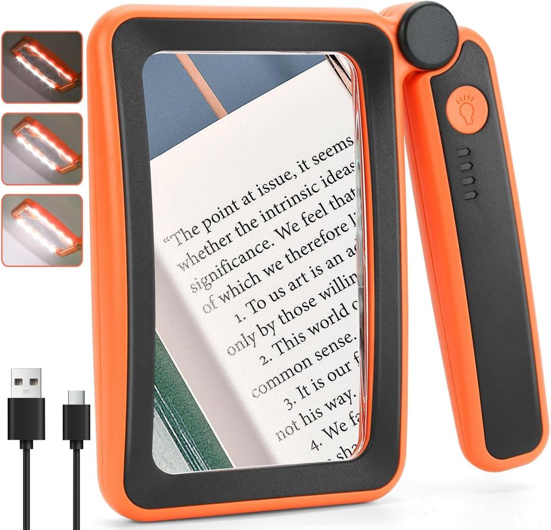 Rechargeable Magnifying Glass with Light for Reading, 5X Large Page Lighted Magnifier for Seniors Low Vision, Folding Handheld Rectangle Magnifier for Reading Small Print Orange-Black