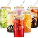 sungwoo 6PCS Glass Cups with Bamboo Lids and Straws, 16OZ Ice Coffee Cup, Drinking Cup set with Wooden Lids, Home Essential Glass Tumblers for Beer, Cocktail, Tea and Latte Clear