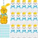 Honeydak 16 Pack Bear Straw Honey Cup for Baby 8 oz Bear Drinking Honey Bottles Empty Plastic Squeeze Bottles with Flip Top Lid Bow Jar Containers for Baby Shower Birthday Party Decoration(Blue)