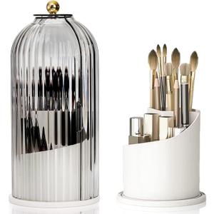 Makeup Brush Holder Organizer with Lids, 360 Rotating Clear Dustproof Make Up Brush Container Box, Vanity Spinning Cosmetic Tools Storage Cup for Desktop Office Bathroom Countertop