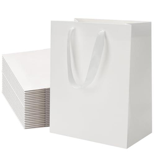FISHLONO White Gift Bags With Handles, 8x5x10 Inches Medium Gift Bags Bulk, White Kraft Paper Bags for Wedding Shopping Party Birthday Business Baby Shower (30)