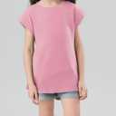 Girls Cap Sleeve T Shirts Kids Summer Crewneck Solid Tops Tees 5-14 Years (Pink)