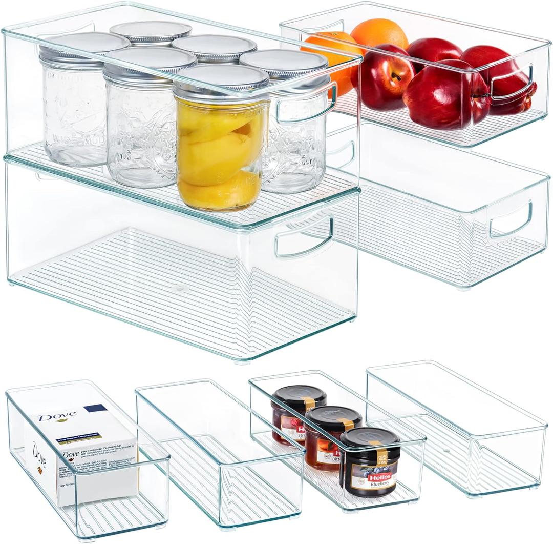 Hudgan 8 PACK Stackable Pantry Organizer Bins (3 sizes) - Clear Fridge Organizers for Kitchen, Freezer, Countertops, Cabinets - Plastic Food Storage Container with Handles for Home and Office (2 XL + 2 L + 4 S)
