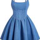 WDIRARA Women's Casual Square Neck Denim Dress Ruffle Hem A Line Mini Dress (Blue), Size L