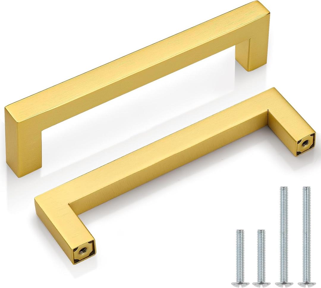 Probrico 5 Pack Gold Cabinet Pulls Square Kitchen Cabinet Hardware 5 Inch(128mm) Hole Center Modern Drawer Handles Brushed Brass Drawer Pulls for Cupboard