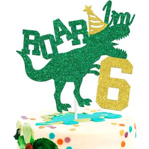 Roar I'm 6 Cake Topper, Dinosaur Jungle Safari Cake Topper for Boys Girls, Happy 6th Birthday Party Decorations Supplies for Kids, Gold and Green Glitter