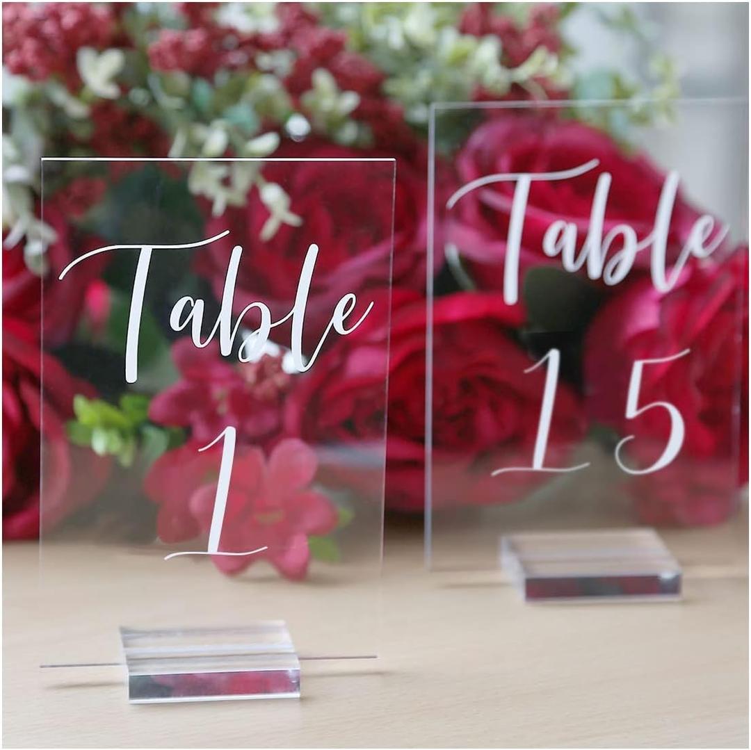 UNIQOOO Acrylic Wedding Table Numbers 1-15 with Stands | 4x6 inch Printed Calligraphy, Clear Table Number Signs and Holders | Perfect for Wedding Reception, Centerpiece Decoration, Event, Party