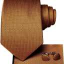 Dubulle Mens Paisley Floral Silk Tie for Men Striped Necktie and Pocket Square Cufflinks Set Wedding Business (Deep Gold)