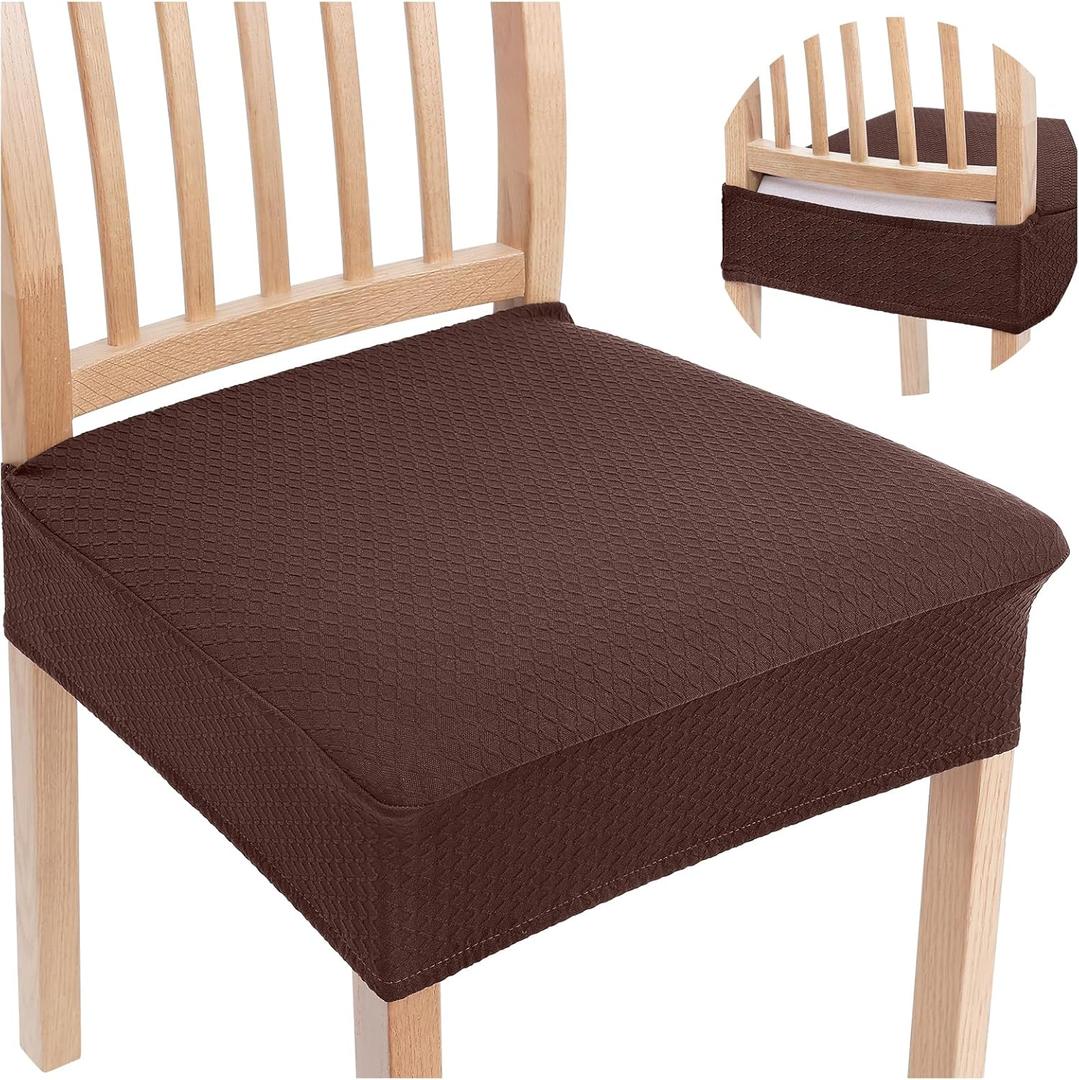 Smiry Stretch Jacquard Seat Covers for Dining Room Chairs Set of 4, Removable Washable Chair Seat Protector Slipcovers, No Rear Covers, Light Chocolate