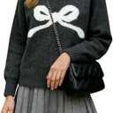 Cute Bow Sweaters for Women Long Sleeve Cozy Pullover Fall Winter Y2K Tops Aesthetic Clothes Outfits (Black, M)