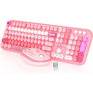 Wireless Keyboard and Mouse Combo, Typewriter Keyboard with Magnetic Wrist Rest, FullSize Cute Round Keycaps, Sleep Mode, 2.4G Keyboards for Mac/Windows/PC, Office or Home, Trueque CK23Pro