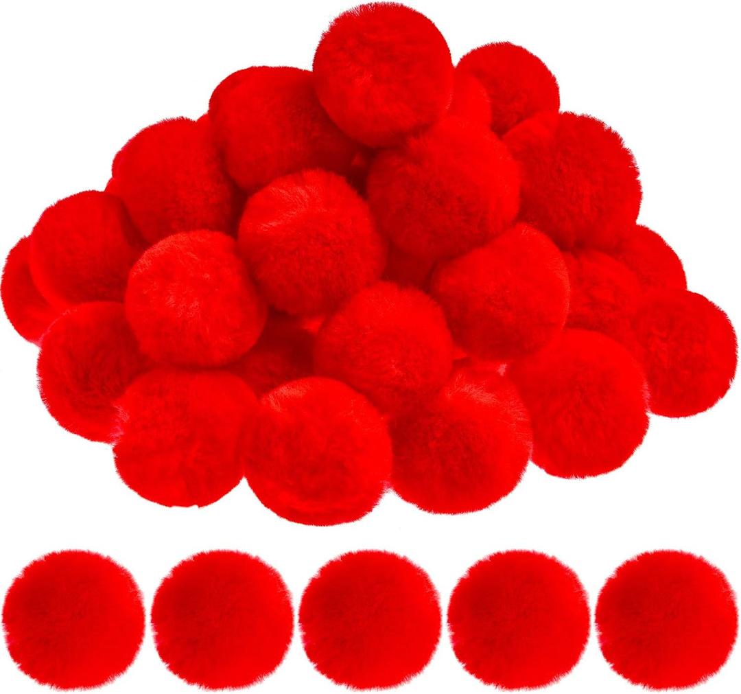 Red Pom Poms Christmas Faux Fur Pompom Ball Acrylic Large Red Pompoms Crafts Holiday Pom Balls Fluffy Plush Pompom for DIY Christmas Costume Supplies Party Decorations, 2 Inches (50 Pieces)