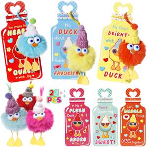 Valentines Day Gifts for Kids - 25 Pack Duck Plush Toys Keychains with Valentine Gifts Cards,Friends Classroom School Exchange Party Favors