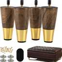 Wood Furniture Leg Sofa Legs 4 Inch Brown Round Tapered Mid-Century Modern Feet with Brass Base Replacement Legs for Cabinets,Coffee Table,Ottoman,TV Stand,Loveseat,Armchair Set of 4