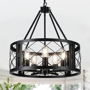 5 Light Dining Room Light Fixture, 19.8" Black Farmhouse Chandelier Rustic Round Hanging Pendant Lighting for Dining Room Entryway Hallway Bedroom