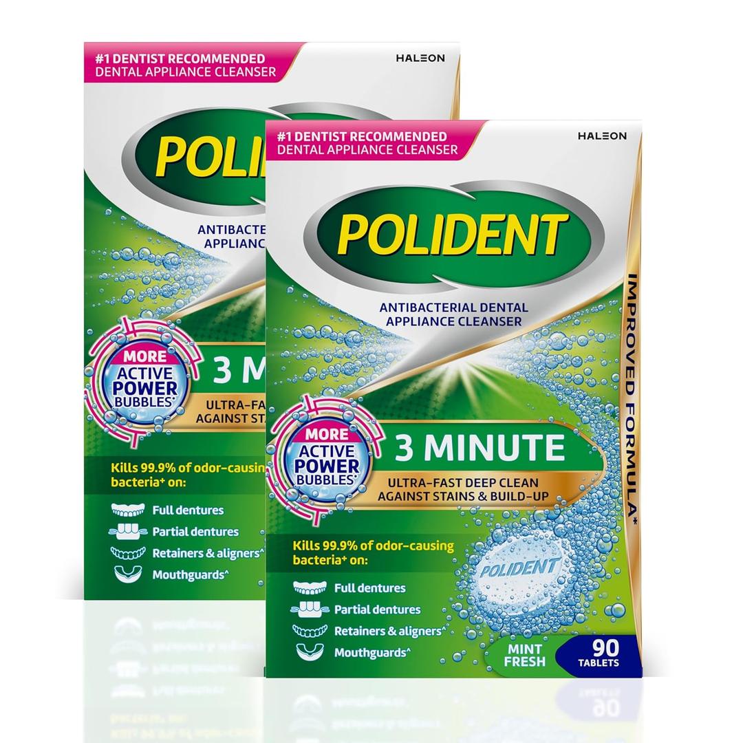 Polident 3 Minute Antibacterial Dental Appliance Cleanser Tablets, Retainer Cleaner Tablets, 90 Count (2 Pack)